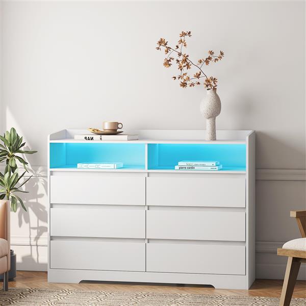 6 Drawer Dresser, White Dresser for Bedroom with LED Lights, Modern Dressers & Chests of Drawers with Sturdy Frame for Living Room, Entryway, Hallway