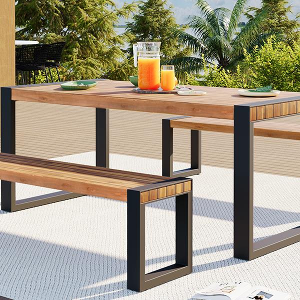 3-pieces Outdoor Dining Table With 2 Benches, Patio Dining Set With Unique Top Texture, Acacia Wood Top & Steel Frame, All Weather Use, For Outdoor & Indoor, Natural