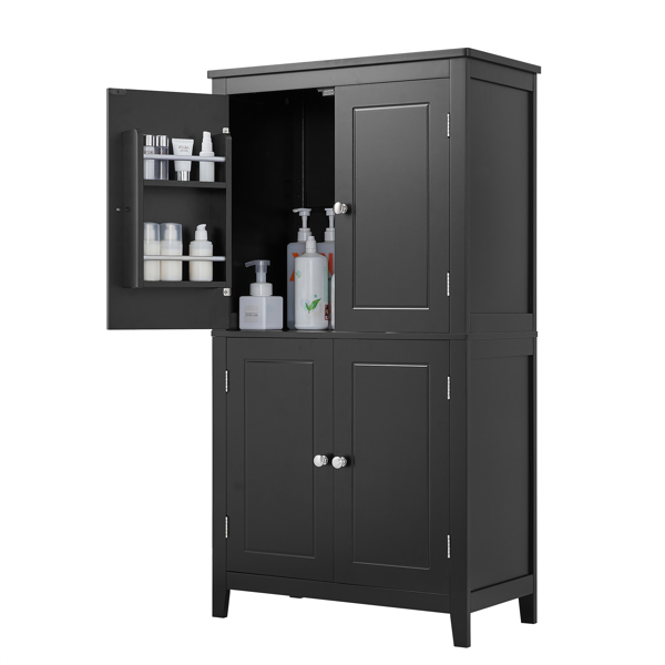 Elegant Bathroom Floor Storage Cabinet, Bathroom Storage Unit, Freestanding Cabinet with 4 Doors, Adjustable Shelves, Adaptable Shelves, Black 