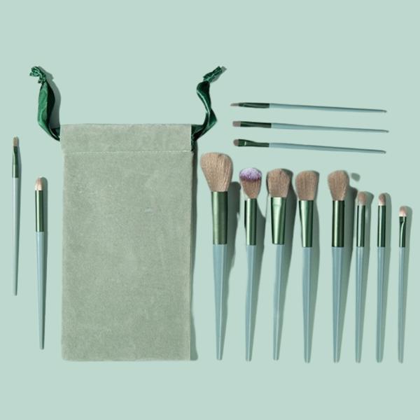 13 Pcs Makeup Brushes Kit, Foundation Brush Eyeshadow Brush Highlighter Loose Powder Blush(Green）