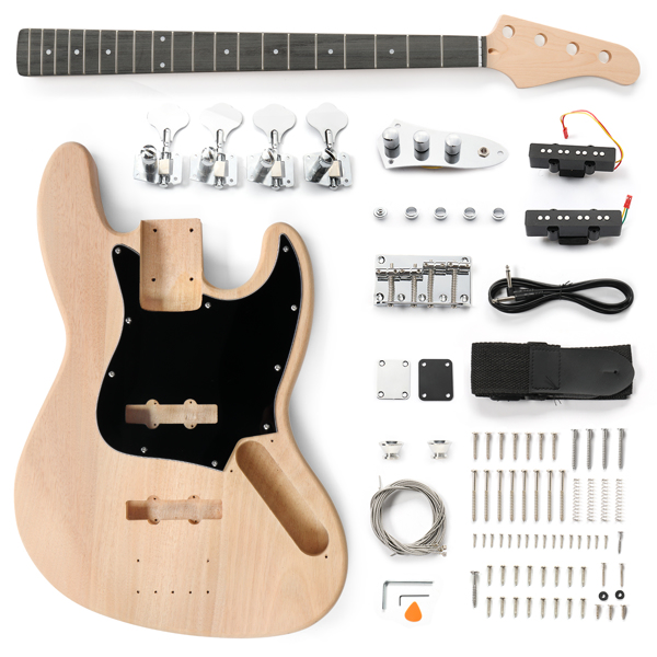 DIY 4 String Jazz Style Electric Bass Guitar Kits with Mahogany Body, Maple Neck and Accessories