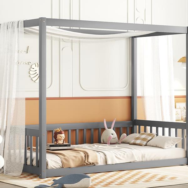 Twin Size Canopy Frame Floor Bed with Fence, Guardrails,Grey