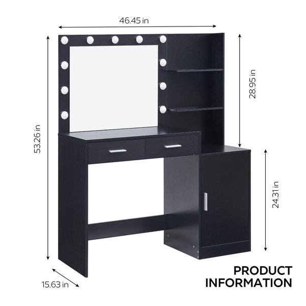 Vanity Desk with Mirror and Lights, 46.4IN Dressing Table with 2 Large Drawer&Large Vertical Organizer, 3 Level Dresser & 3 Lighting Modes Adjustable Brightness, Suitable for Bedroom(Black) 