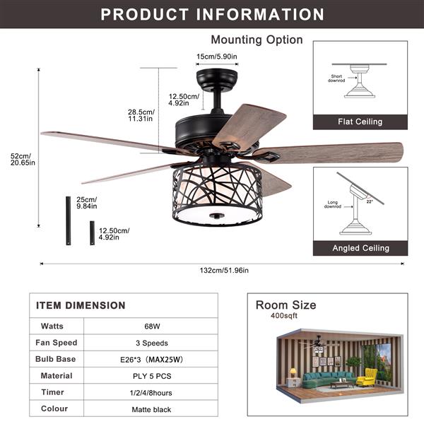 52'' Low Profile Ceiling Fan with Lights(no include bulb),Blade Dark Wood Ceiling fan