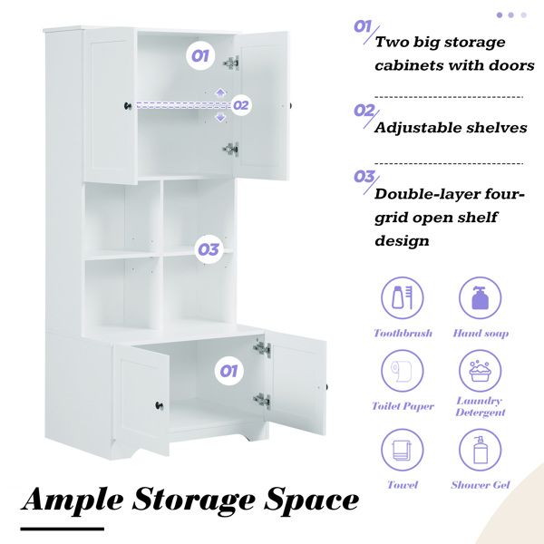 Tall and Wide Bathroom Floor Storage Cabinet, Bathroom Storage Unit, Freestanding Cabinet with 4 Doors, Adjustable Shelves, Open multi-layer Shelves, White 