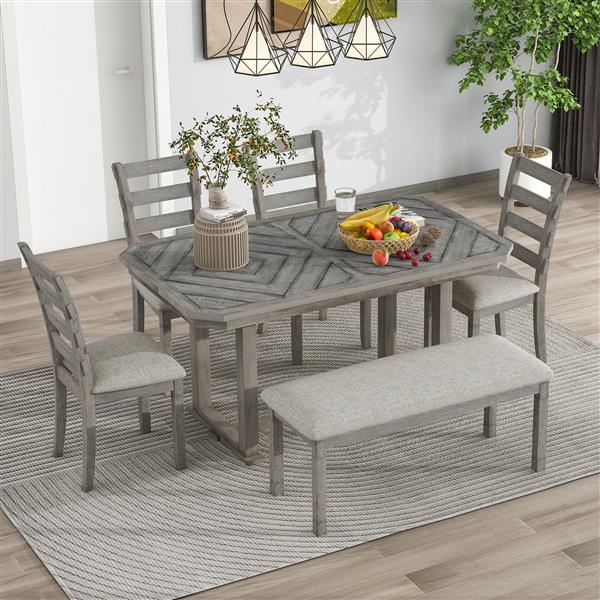 6-Piece Rubber Wood Dining Table Set with Beautiful Wood Grain Pattern Tabletop Solid Wood Veneer and Soft Cushion (Gray)