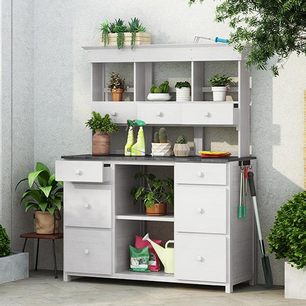 [Video Provided] Garden Potting Bench Table, Rustic and Sleek Design with Multiple Drawers and Shelves for Storage, White and Gray