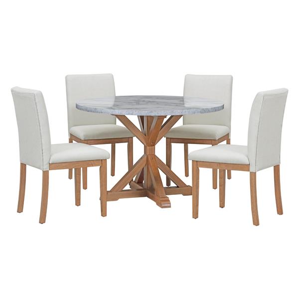 5-Piece Farmhouse Style Dining Table Set, Marble Sticker and Cross Bracket Pedestal Dining Table, and 4 Upholstered Chairs (White+Walnut)