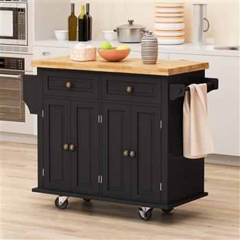 Kitchen Island Cart with Two Storage Cabinets and Two Locking Wheels,43.31 Inch Width,4 Door Cabinet and Two Drawers,Spice Rack, Towel Rack(Black)