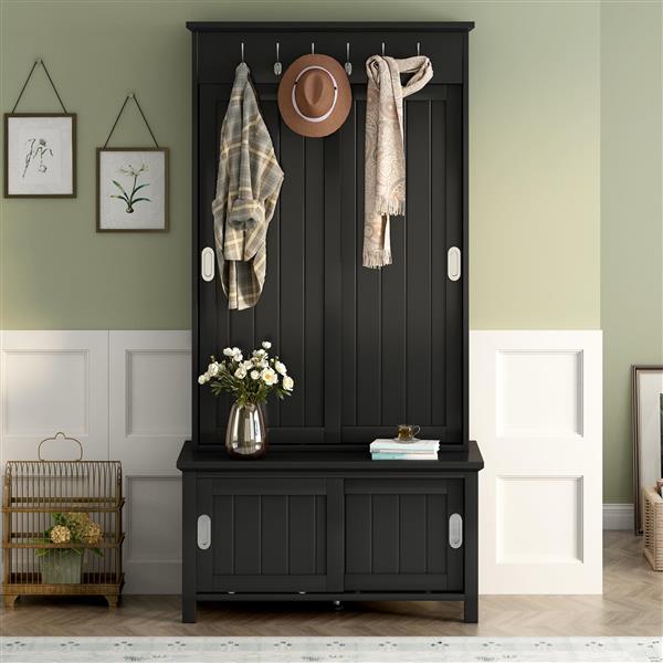 Multifunctional Hall Tree with Sliding Doors, Wooden Hallway Shoe Cabinet with Storage Bench and Shelves, Mudroom Coat Storage with Hanging Hooks for Entryways, Black