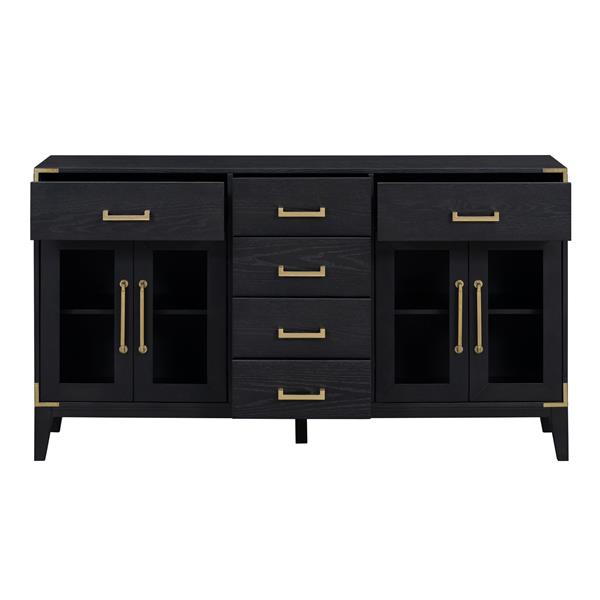 6-drawer and 2-Cabinet Retro Sideboard with Extra Large Storage Space, with ld Handles and Solid Wood Legs, for Kitchen and Living Room (Black)