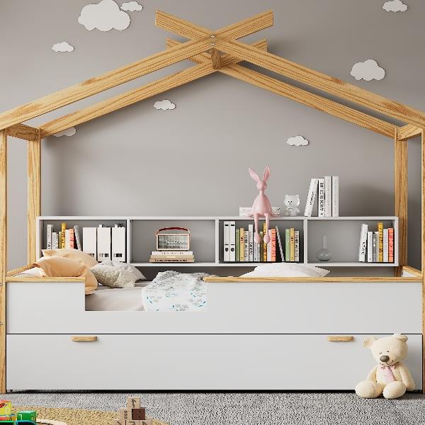 White Full Size Wooden House Bed with Original Wood Colored Frame Twin Size Trundle and Bookshelf Storage Space for Children or Guest Room