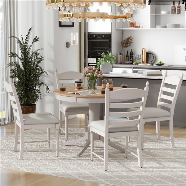 5-Piece Retro Functional Dining Table Set Wood Round Extendable Dining Table and 4 Upholstered Dining Chairs (Off White)