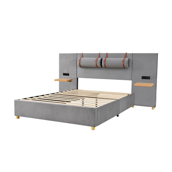 Full size upholstered platform bed with two outlets and USB charging ports on both sides, two bedside pillows, storage shelf, Gray