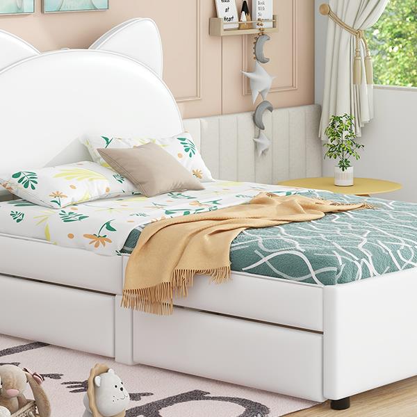 Twin Size Upholstered Platform Bed with Cartoon Ears Shaped Headboard and 2 Drawers, White