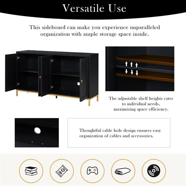 Modern Sideboard with Extra Large Storage Space with Metal Handles and Support Legs for Living Room and Dining Room (Black)