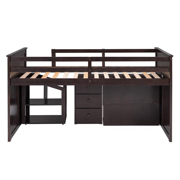 Loft Bed Low Study Twin Size Loft Bed With Storage Steps and Portable,Desk,Espresso