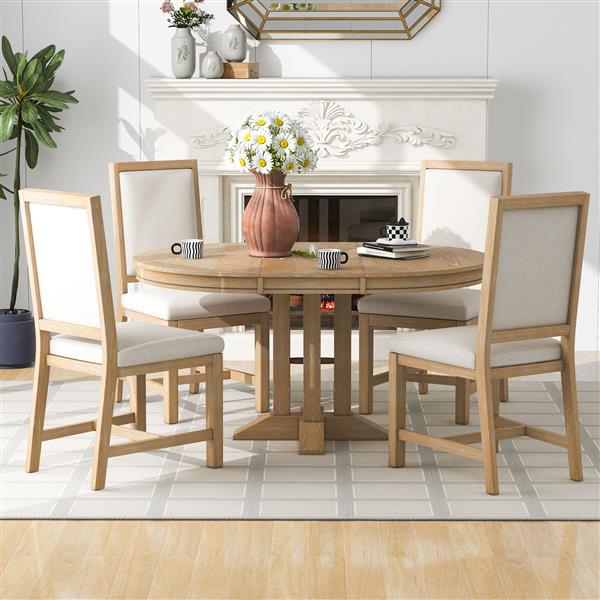 5-Piece Dining Set Extendable Round Table and 4 Upholstered Chairs Farmhouse Dining Set for Kitchen, Dining Room(Natural Wood Wash)