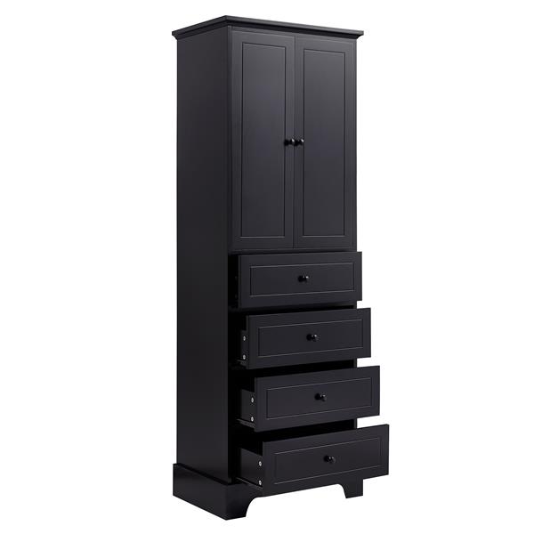 Storage Cabinet with 2 Doors and 4 Drawers for Bathroom, Office, Adjustable Shelf, MDF Board with Painted Finish, Black