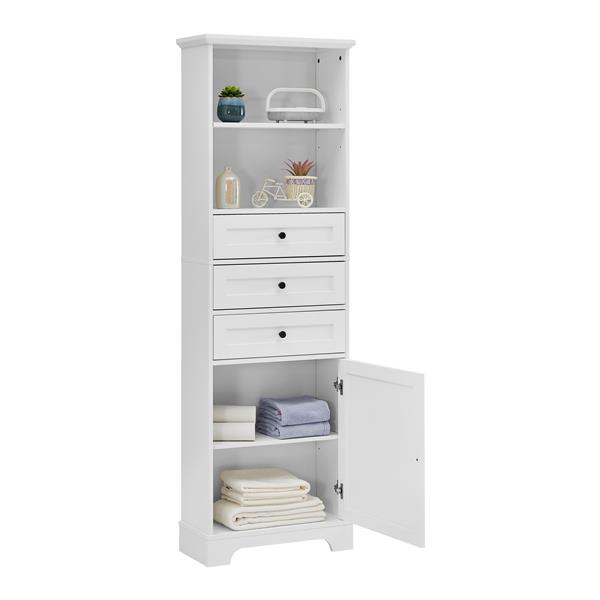 White Tall Storage Cabinet with 3 Drawers and Adjustable Shelves for Bathroom, Kitchen and Living Room, MDF Board with Painted Finish