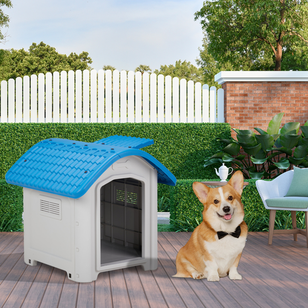 28 inch Raised Plastic Dog House, Outdoor Indoor Doghouse Pet House with Adjustable Sunroof and Elevated Base for Small Dogs, Blue & White