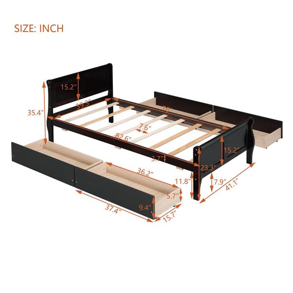 Twin Size Wood Platform Bed with 4 Drawers and Streamlined Headboard & Footboard, Espresso