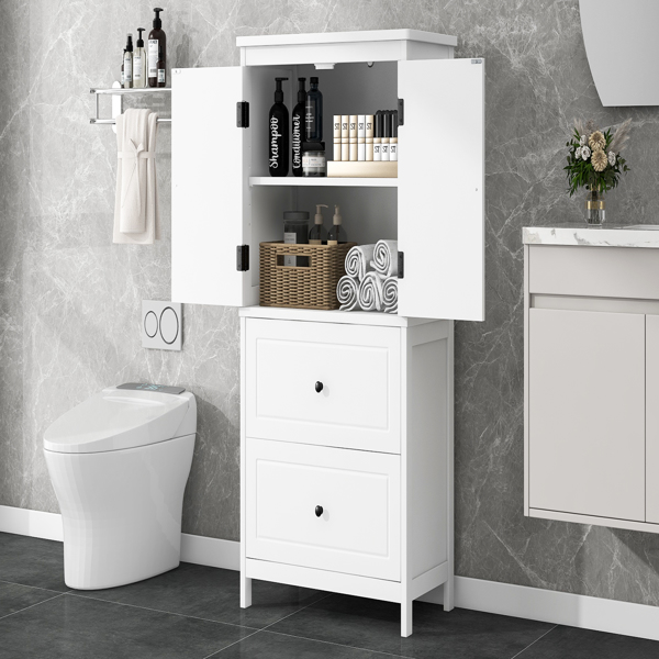 Bathroom Storage Cabinet, Cabinet with Two Doors and Drawers, Adjustable Shelf, MDF Board, White 