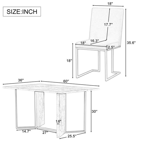 7-Piece Modern Dining Table Set, Artificial Marble Sticker Tabletop and 6 Upholstered Linen Chair All with lden Steel Legs for Dining Room and Kitchen (White + ld)