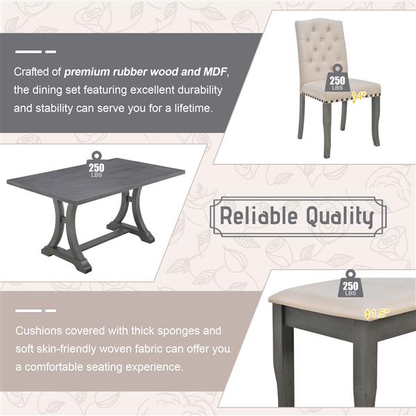 6-Piece Farmhouse Dining Table Set, Rectangular Trestle Table and 4 Upholstered Chairs & Bench for Dining Room (Antique Gray)