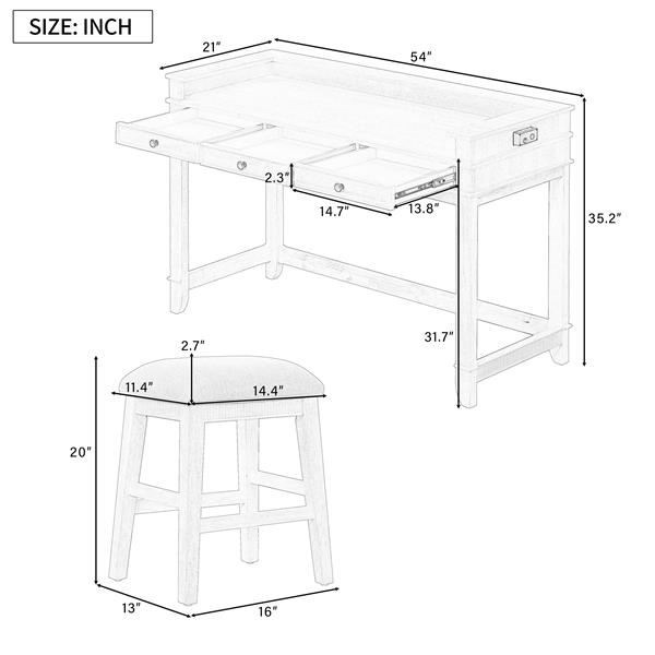 4-piece Dining Bar Table Set with 3 Upholstered Stools, Multifunctional Dining Table with 3 Drawers (Natural Wood Wash)