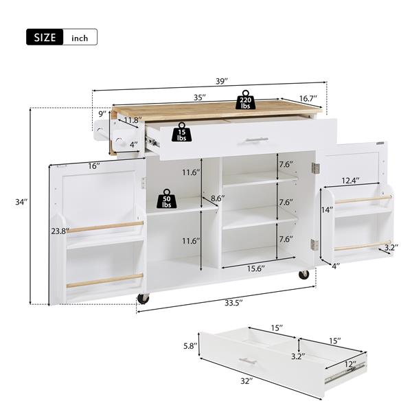 K&K Rolling Kitchen Island with Storage, Kitchen Cart with Rubber Wood Top, Spacious Drawer with Divider and Internal Storage Rack, Kitchen Island on Wheels with Adjustable Shelf Tower Rack, White