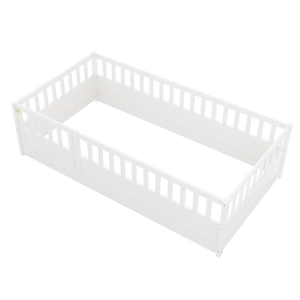 Twin Size Floor bed, integral construction with super high security barrier, door, children's floor bed frame, Montessori wooden children's floor bed, white