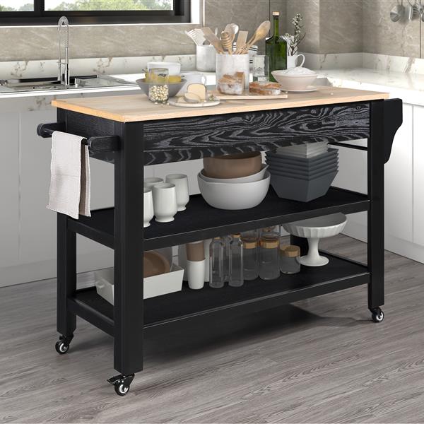 57 inch Rolling Kitchen Island with Storage,Kitchen Cart with Solid OAK Wood Top,Two-sided Kitchen island Cart on Wheels , Wine and Spice Rack, Large Kitchen Cart with 2 Drawers, Black+Natural Top