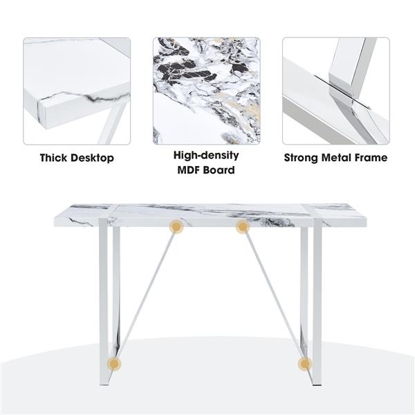 Modern Dining Table, 55 inch Faux Marble Kitchen Table for 4 People, Rectangular Dinner Table for Dining Room, Home Office, Living Room Furniture, Easy Assembly, (White & Silver)(Only Table)