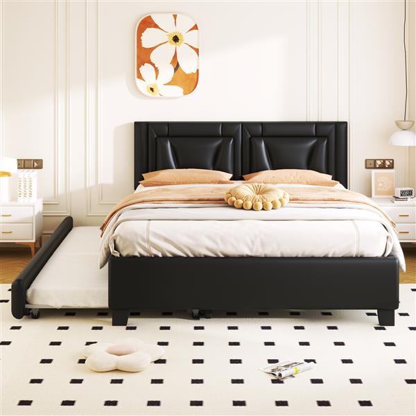 Queen Size Upholstered Platform Bed with Headboard and Twin Size Trundle, Black