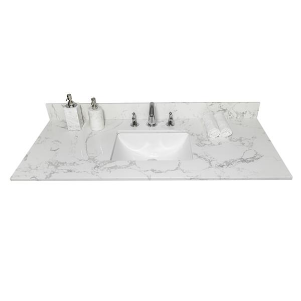 43x22 bathroom stone vanity top  engineered stone carrara white marble color with rectangle undermount ceramic sink and  3 faucet hole with back splash .