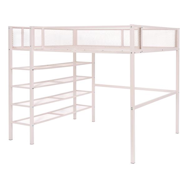 Full Size Metal Loft Bed with 4-Tier Shelves and Storage, Pink