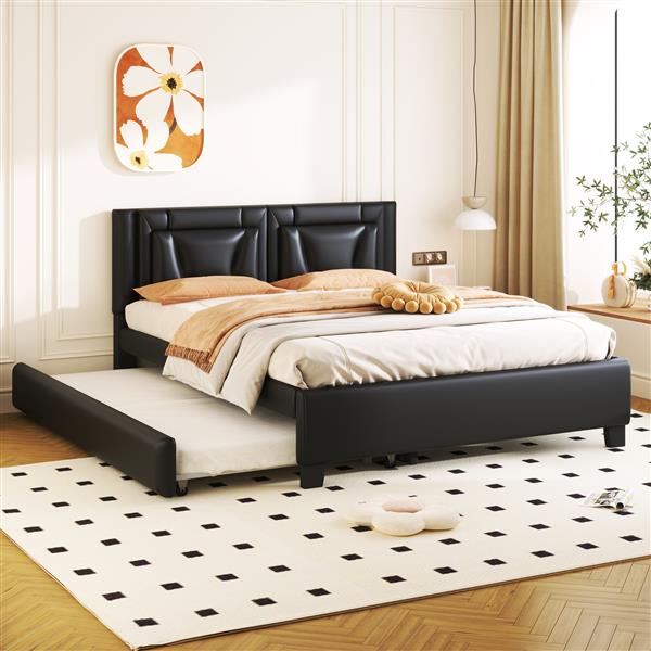 Queen Size Upholstered Platform Bed with Headboard and Twin Size Trundle, Black