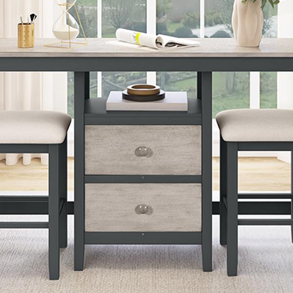 Farmhouse Rustic 3-piece Counter Height Wood Dining Table Set with Cabinet,2 Storage Drawers and 2 Stools for Small Places, Gray and Distressed Light Gray