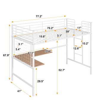 Twin Metal Loft Bed with Desk and Metal Grid,White