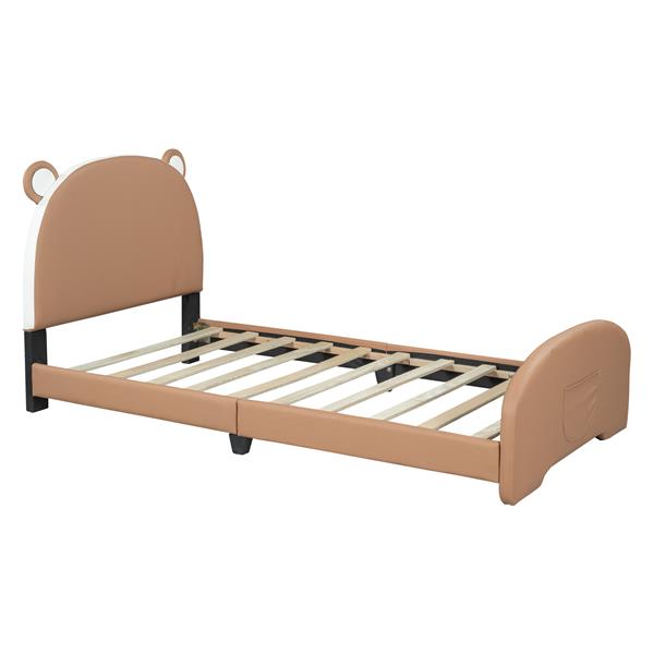 Twin Size Upholstered Platform Bed with Bear-shaped Headboard and Footboard,Brown+White