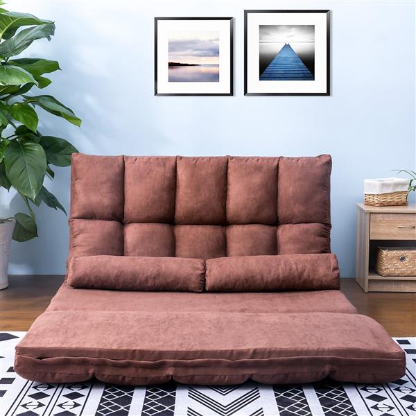 Double Chaise Lounge Sofa Floor Couch and Sofa with Two Pillows (Brown)