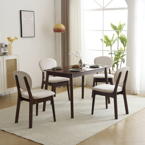 Rubber wood soft bag deep walnut dining table and chair set 1 table 4 chairs beige cushion rectangular