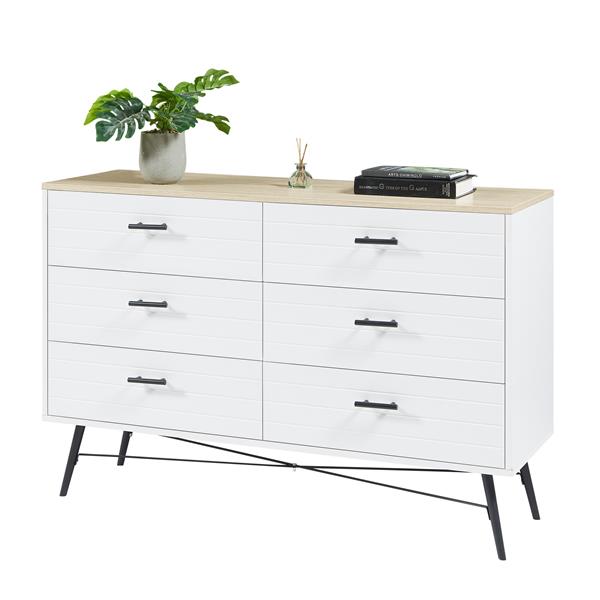 6 Drawer Dresser for Bedroom with Deep Drawers, Wood Dressers & Chest of Drawers, Modern White Long Dressers for Closet Living Room, 47.2"W x 15.7"D x 31.5"H, White & oak