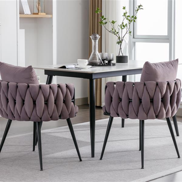 Pure Purple Modern Velvet Dining Chairs Set of 2 Hand Weaving Accent Chairs Living Room Chairs Upholstered Side Chair with Black Metal Legs for Dining Room Kitchen Vanity Living Room