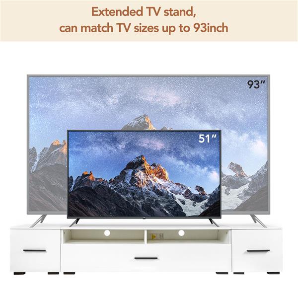 Extended, Minimalist Design TV stand with Color Changing LED Lights, Modern Universal Entertainment Center, High Gloss TV Cabinet for 90+ inch TV, White