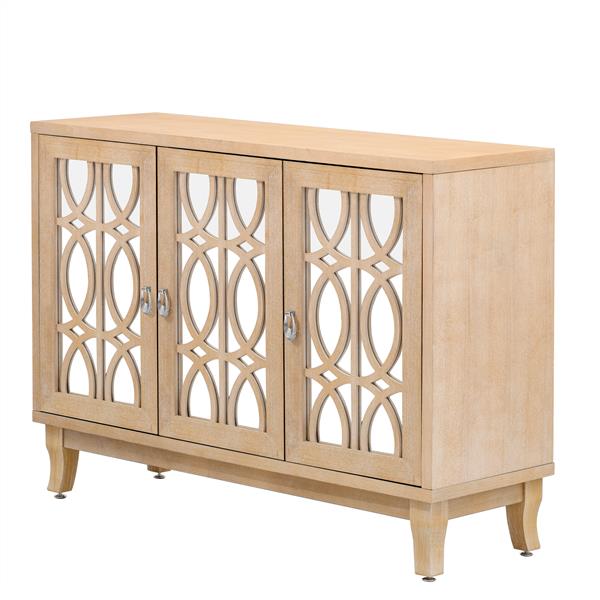 Sideboard with Glass Doors, 3 Door Mirrored Buffet Cabinet with Silver Handle for Living Room, Hallway, Dining Room (Natural Wood Wash)