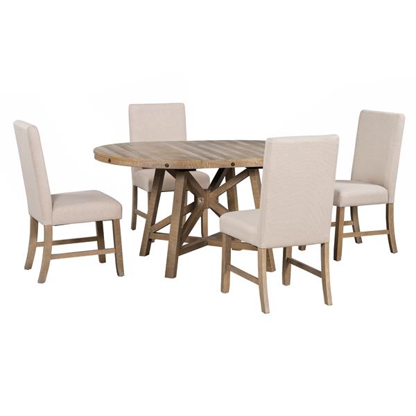 5-Piece Retro Functional Dining Set with Extendable Round Table with Removable Middle Leaf and 4 Upholstered Chairs for Dining Room and Living Room (Natural Wood Wash)