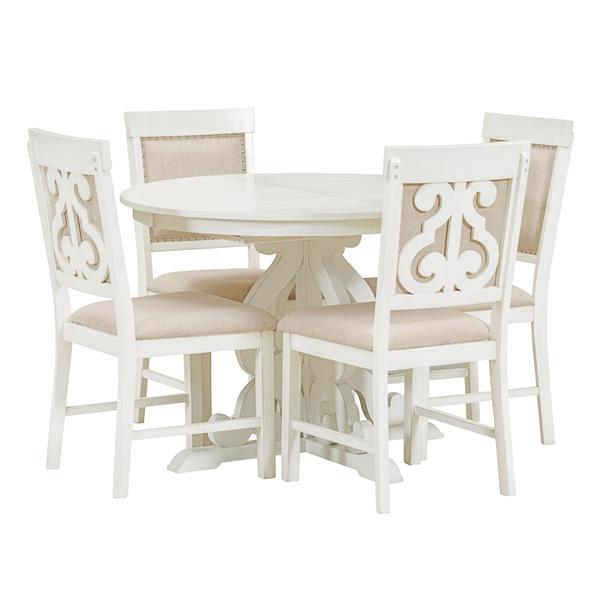 5-Piece Retro Functional Dining Set, 1 Extendable Table with a 16-inch Leaf and 4 Upholstered Chairs for Dining Room and Kitchen (Antique White)