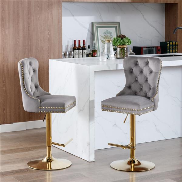 Furniture,Thick lden Swivel Velvet Barstools Adjusatble Seat Height from 25-33 Inch, Modern Upholstered Bar Stools with Backs Comfortable Tufted for Home Pub and Kitchen Island (Gray,Set of 2)